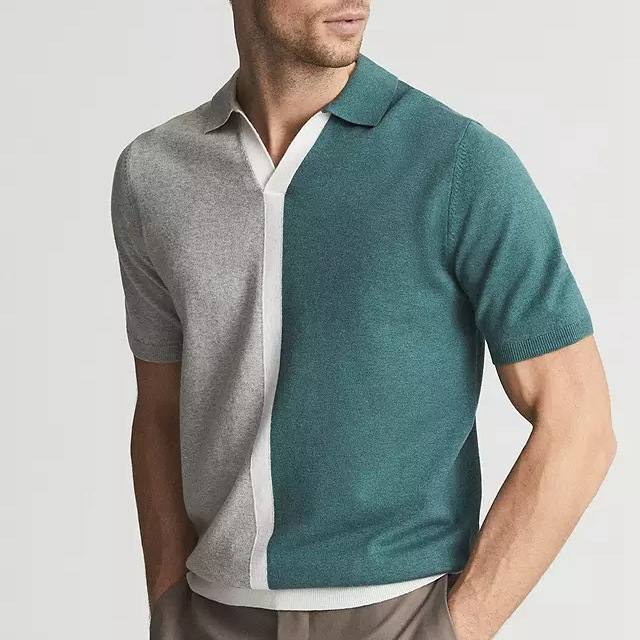 Men'S Casual Lapel Color Contrast Knitted Short-Sleeved Polo Shirt
