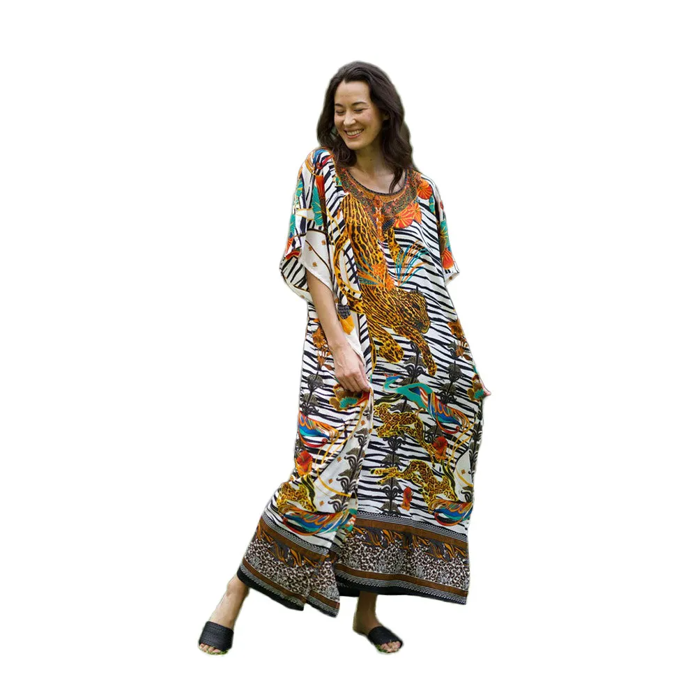 Women Ramadan /Eid Fashion Casual Tiger Printing Batwing Sleeve Long Dress