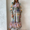 Women Ramadan /Eid Fashion Vintage Printing Single-Breasted Long Sleeve Dress