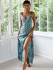 Women Fashion Sexy Geometric Printing Slip Backless Slit Dress