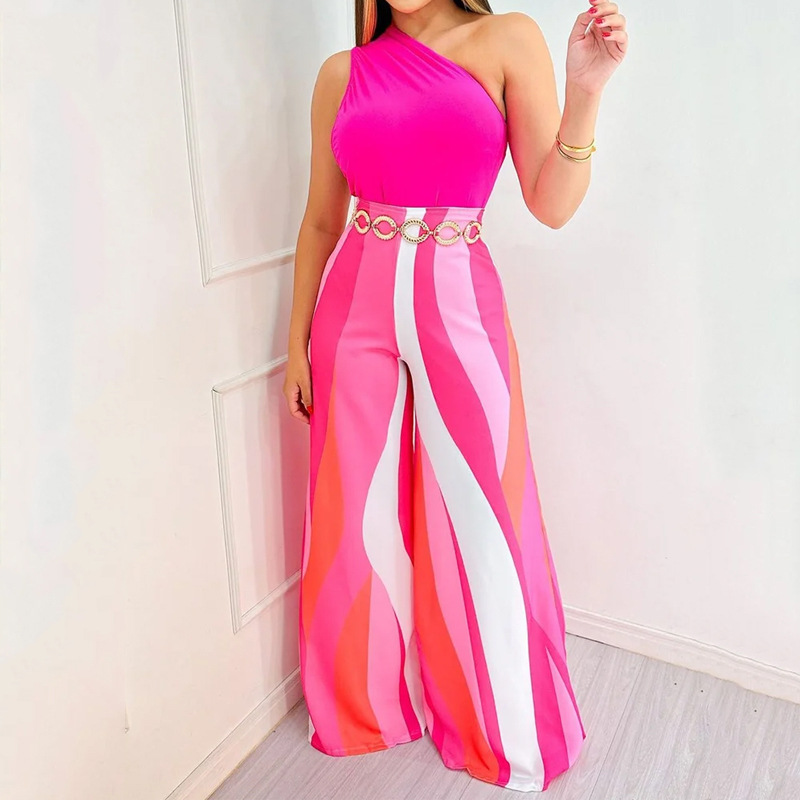 Fashion Oblique Shoulder Sleeveless Vest Loose Wide Leg Printed Pants Women Casual Two Pieces Set