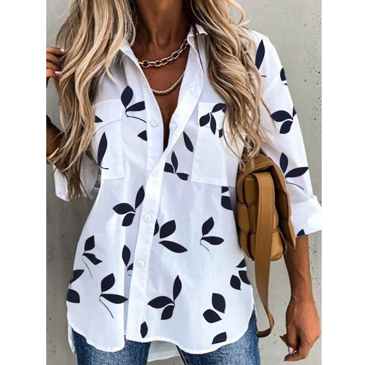 Women Fashion Casual Leaf Print Single-Breasted Long-Sleeved Shirt Blouse