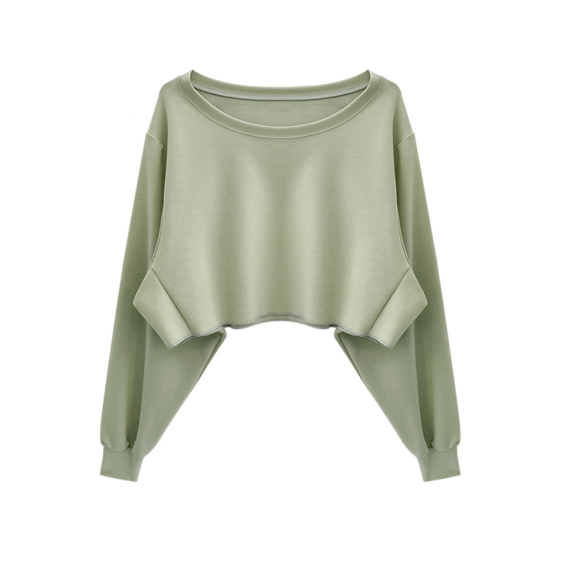 Women Sports Fitness Long-Sleeved Top Breathable Round Neck Solid Yoga Cropped Sweatshirt