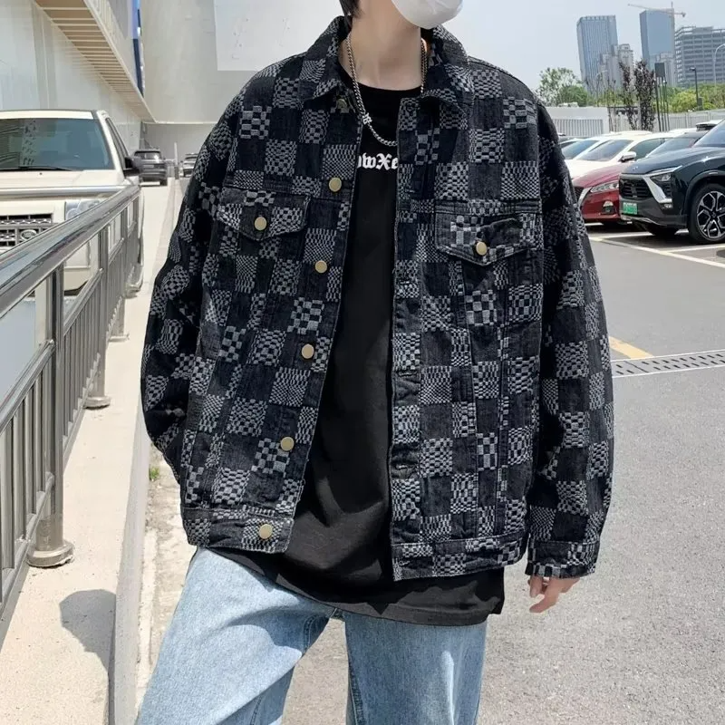 Men Casual Lapel Single Row Checkerboard Plaid Loose Denim Jacket