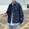 Men Casual Lapel Single Row Checkerboard Plaid Loose Denim Jacket