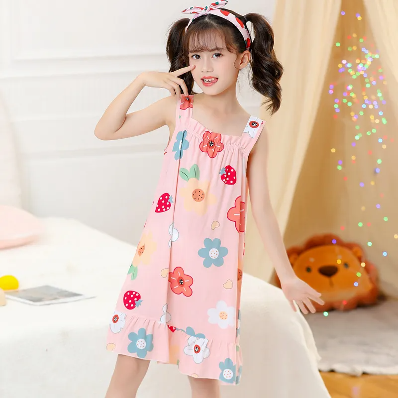 Children Kids Baby Fashion Girls Casual Basic Sleeveless Multicolor Print Suspender Nightdress