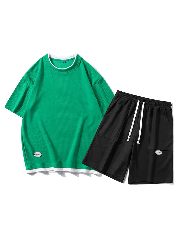 Unisex Fashion Waffle Round Neck Short Sleeve Oversized Loose T-Shirt And Shorts Two-Piece Set