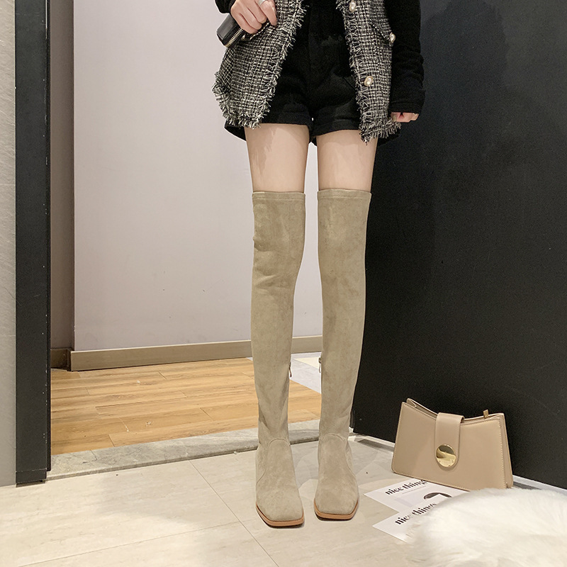 Women Fashion Thick Heel Square Toe Suede Stretch Over-The-Knee Boots