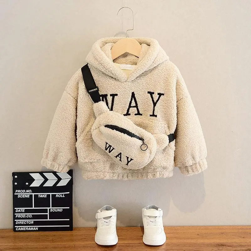 Kids Letter Embroidery Hooded Coat And Bag Two-Piece Set