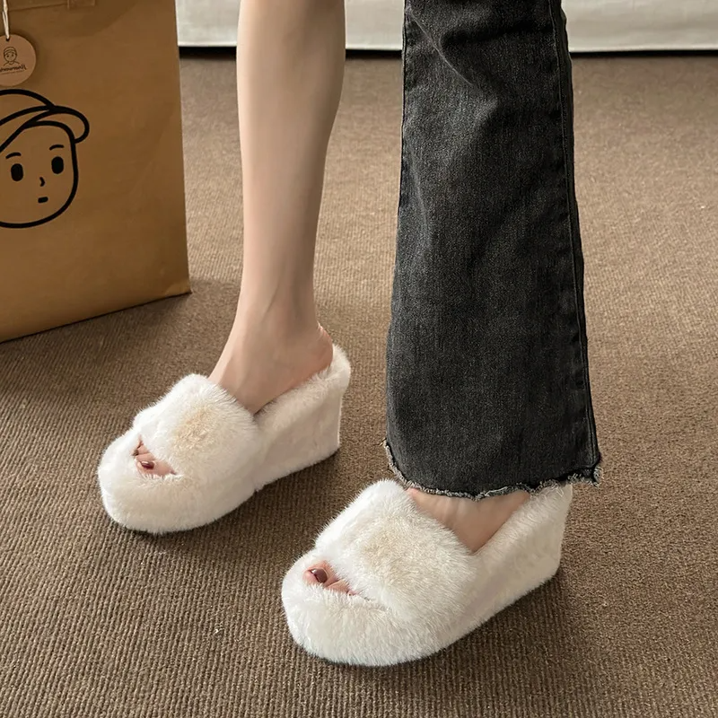 Autumn Winter Women Fashion Plush Warm Wedge Heel Home Slippers