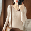 Women Solid Color Urban Casual Office Chic Slim-Fit V-Neck Knitted Long-Sleeved Tops Knitwear