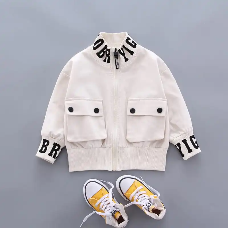 Kids Letter Pattern Pocket Design Zipper Coat