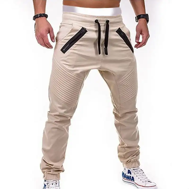 Men Fashion Drawstring Waist Zipper Solid Color Jogger Pants