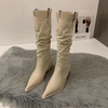 Women Fashion Retro Solid Color Pointed Toe Western Denim Heap Boots