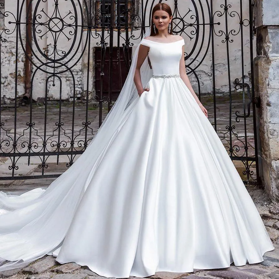 Women Elegant Solid Color Short Sleeves Off-The-Shoulder Satin Sweep Length Wedding Evening Dress