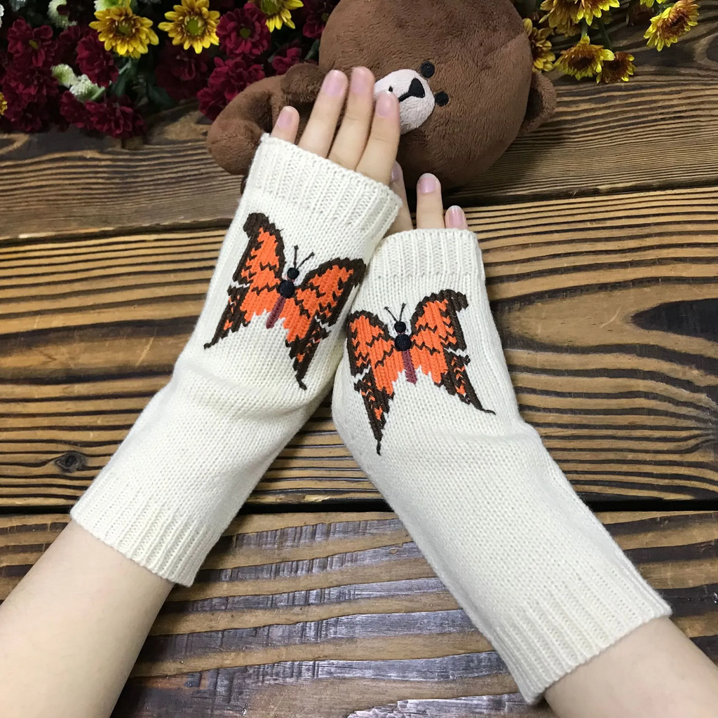 (Buy 1 Get 1) Autumn And Winter Women Fashion Orange Butterfly Warm Knitted Half Finger Gloves