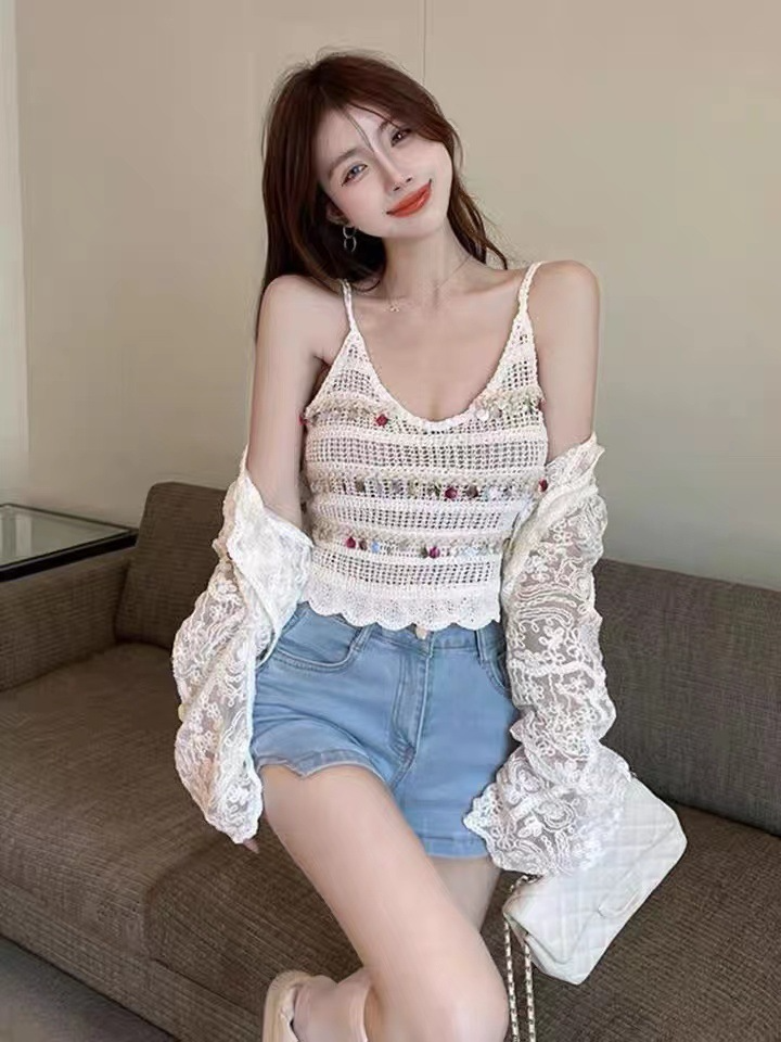 2 Pieces Women Summer Fashion Crochet Cropped Hollow Suspenders Top