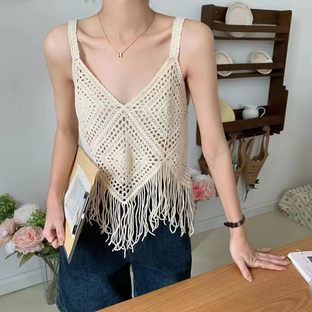 2 Pieces Women Summer Holiday Bohemian Style Crochet Hollow Knitted Tassel Sleeveless Top