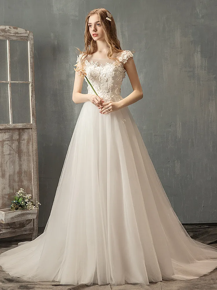 Women Elegant Lace Mesh See-Through Flower Solid Color Sweep Length Wedding Evening Dress