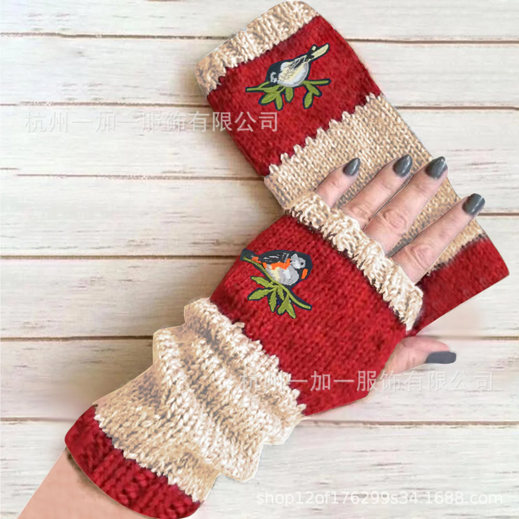 (Buy 1 Get 1) Autumn Winter Women Fashion Warm Stitching Embroidered Half Finger Gloves