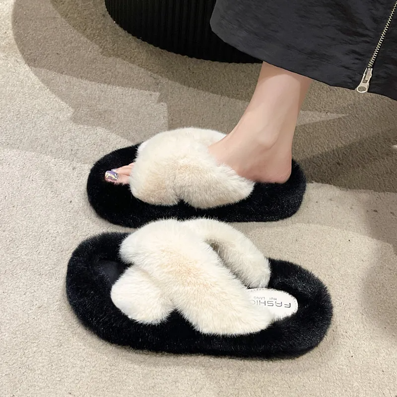 Autumn Winter Women Fashion Plus Size Cross Plush Warm Home Slippers