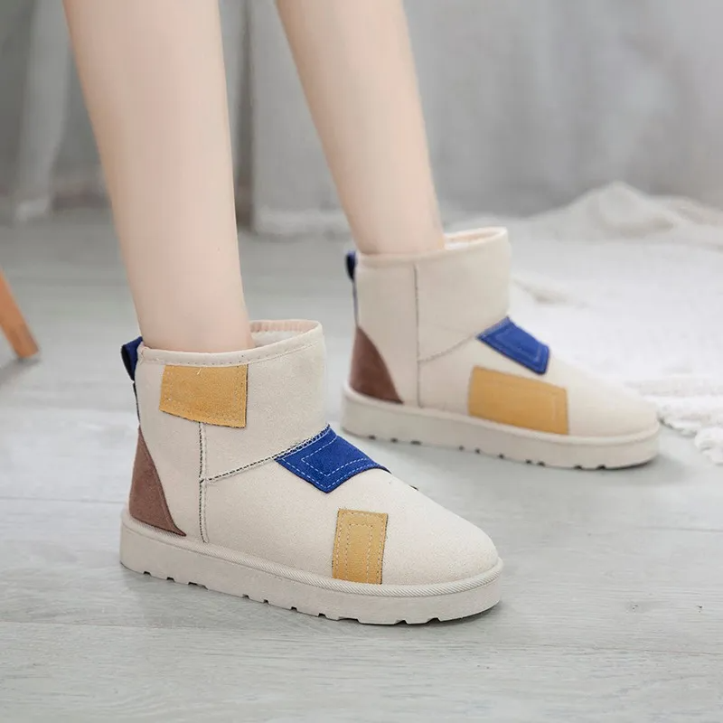 Women Fashion Color Block Thick Warm Round Toe Flat Snow Boots