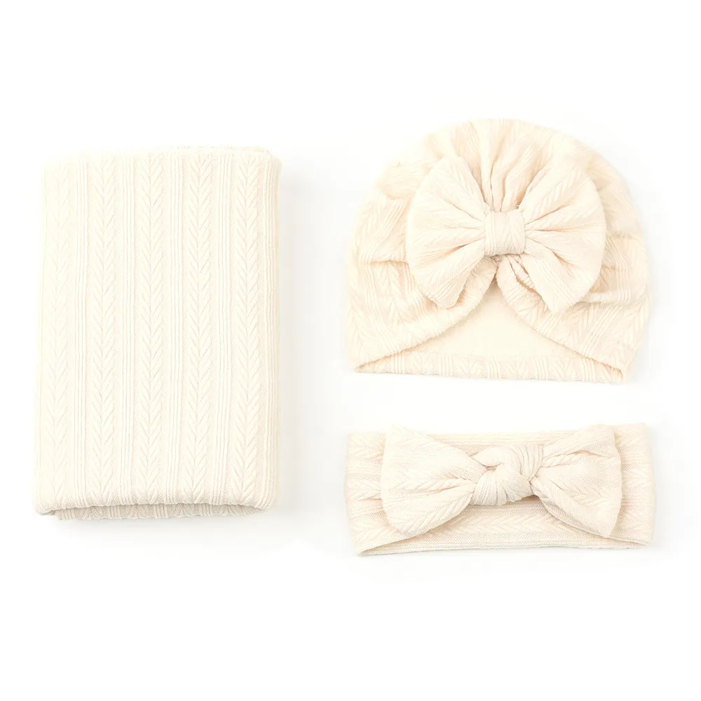 Baby Newborn Solid Color Swaddle Blanket And Turban Hat 3pcs Set