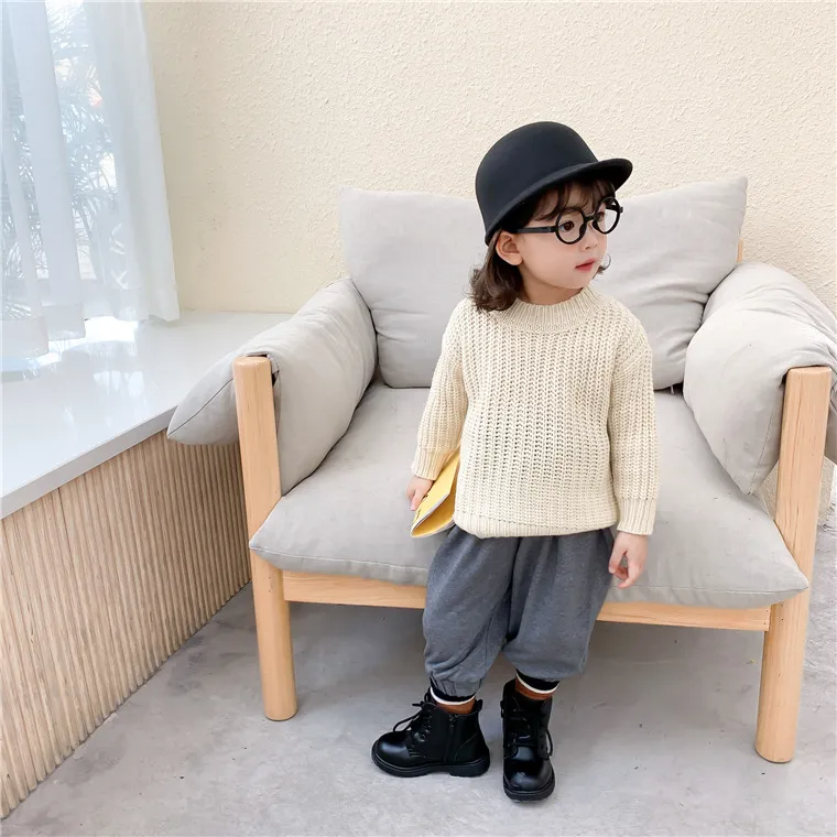 Children Kids Boys And Girls Solid Color Basic Long Sleeve Mid-Neck Sweater