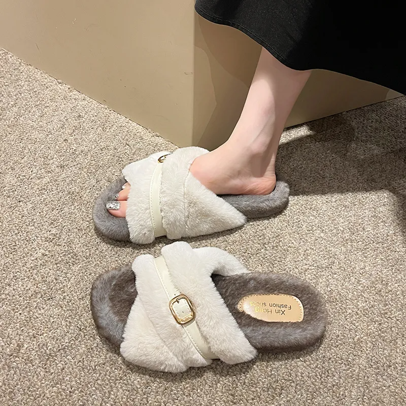 Autumn Winter Women Fashion Cross Plush Warm Round Toe Flat Home Slippers