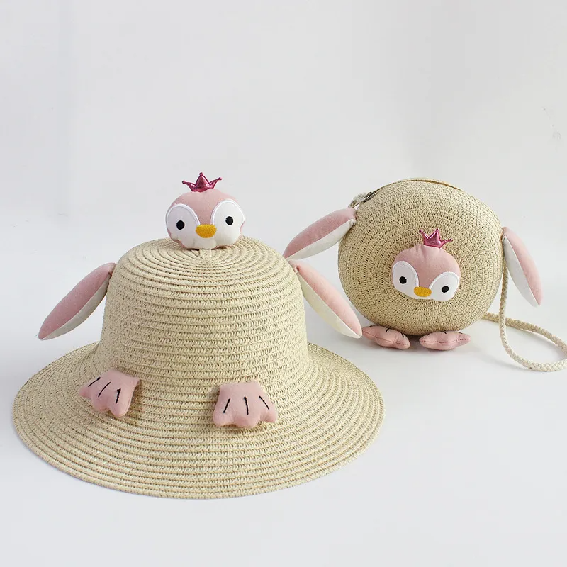 Children Kids Baby Fashion Girls Cartoon Penguin Woven Straw Shoulder Bag And Hat