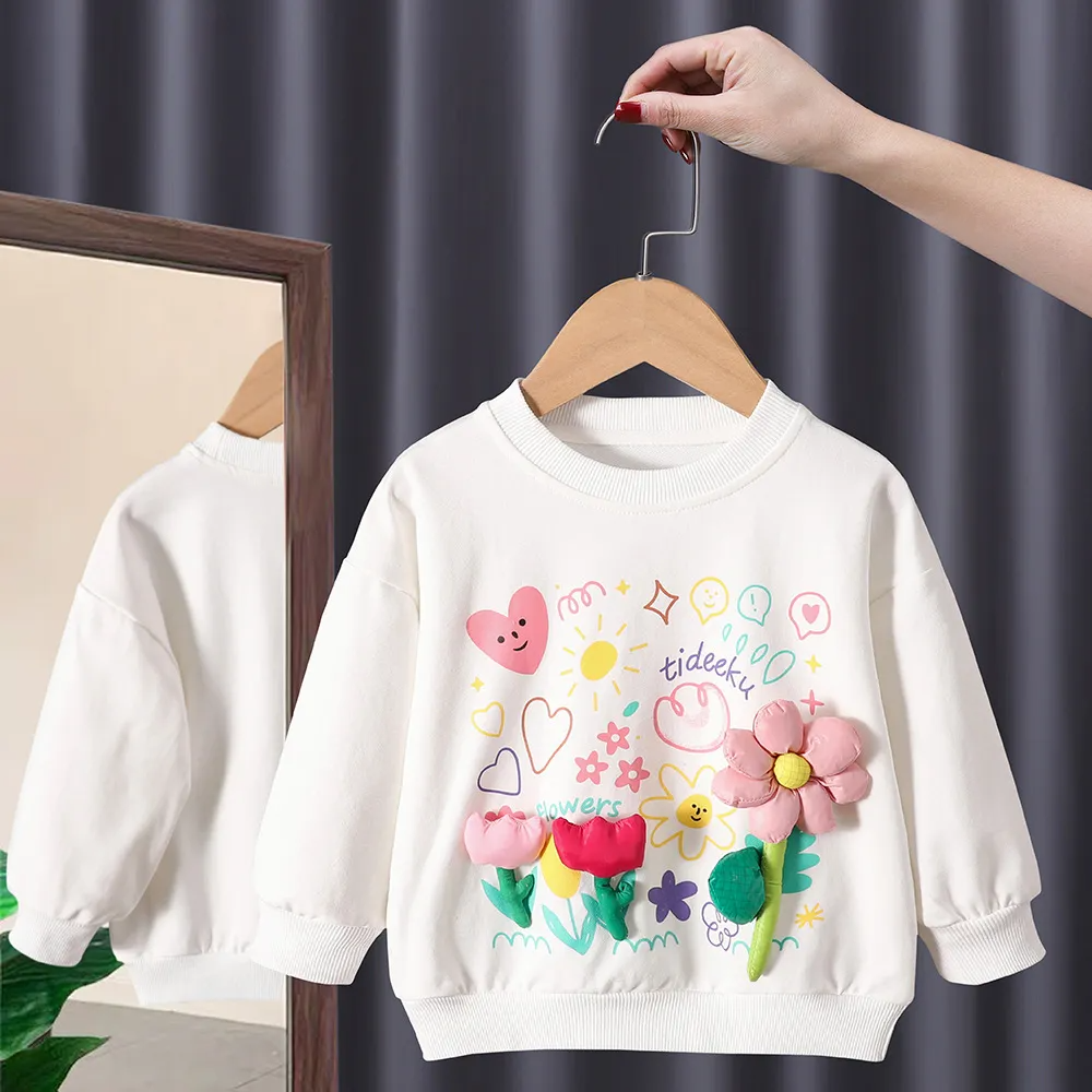 Children Kids Baby Fashion Girls Long Sleeve Round Neck Flower Sweatshirt