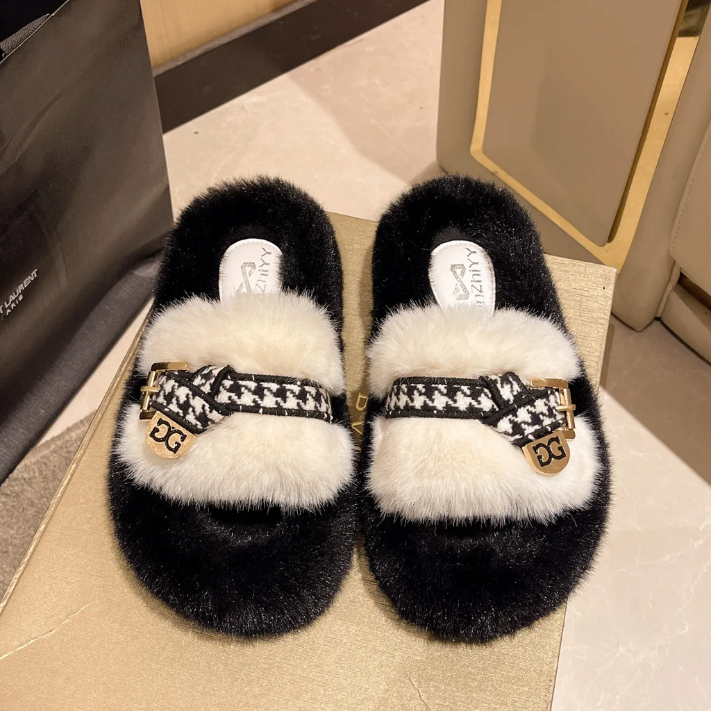 Autumn Winter Women Fashionable Houndstooth Belt Buckle Plush Round Toe Flat Home Slippers