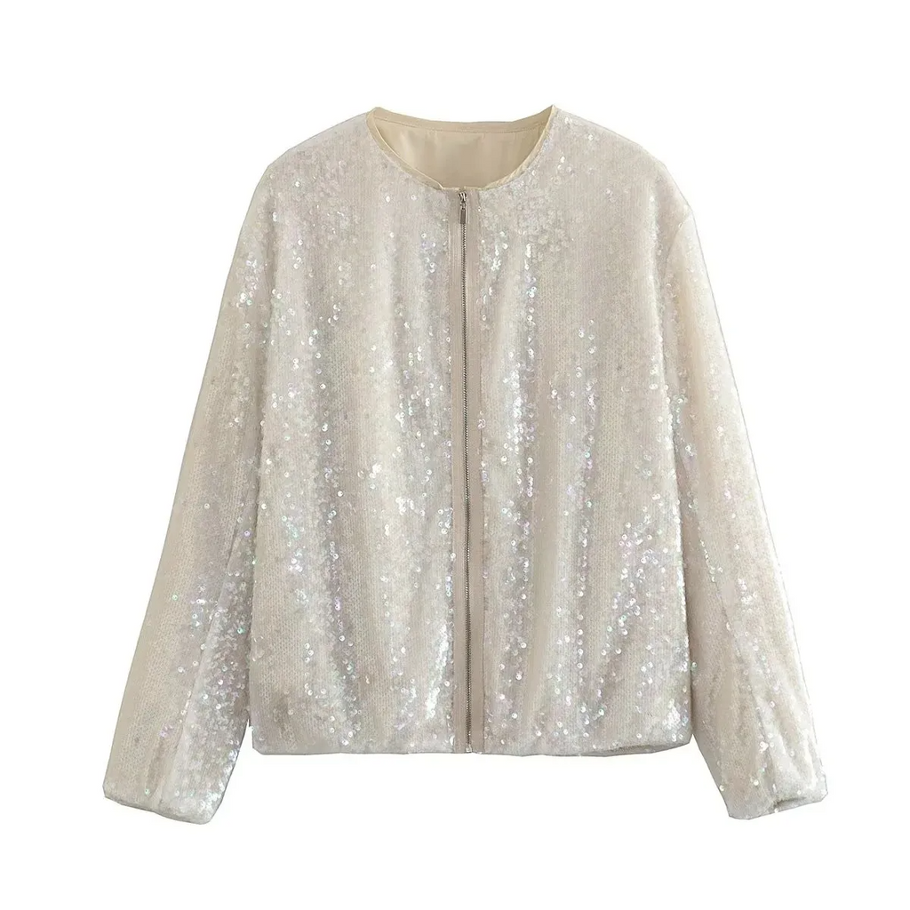 Women Fashion Beaded Zipper Long Sleeve Jacket