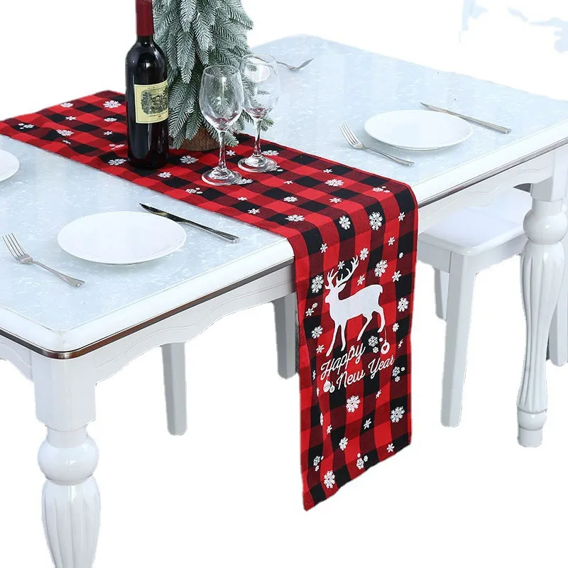 Christmas Red Black Plaid Polyester Cotton Tablecloth Placemat Tableware