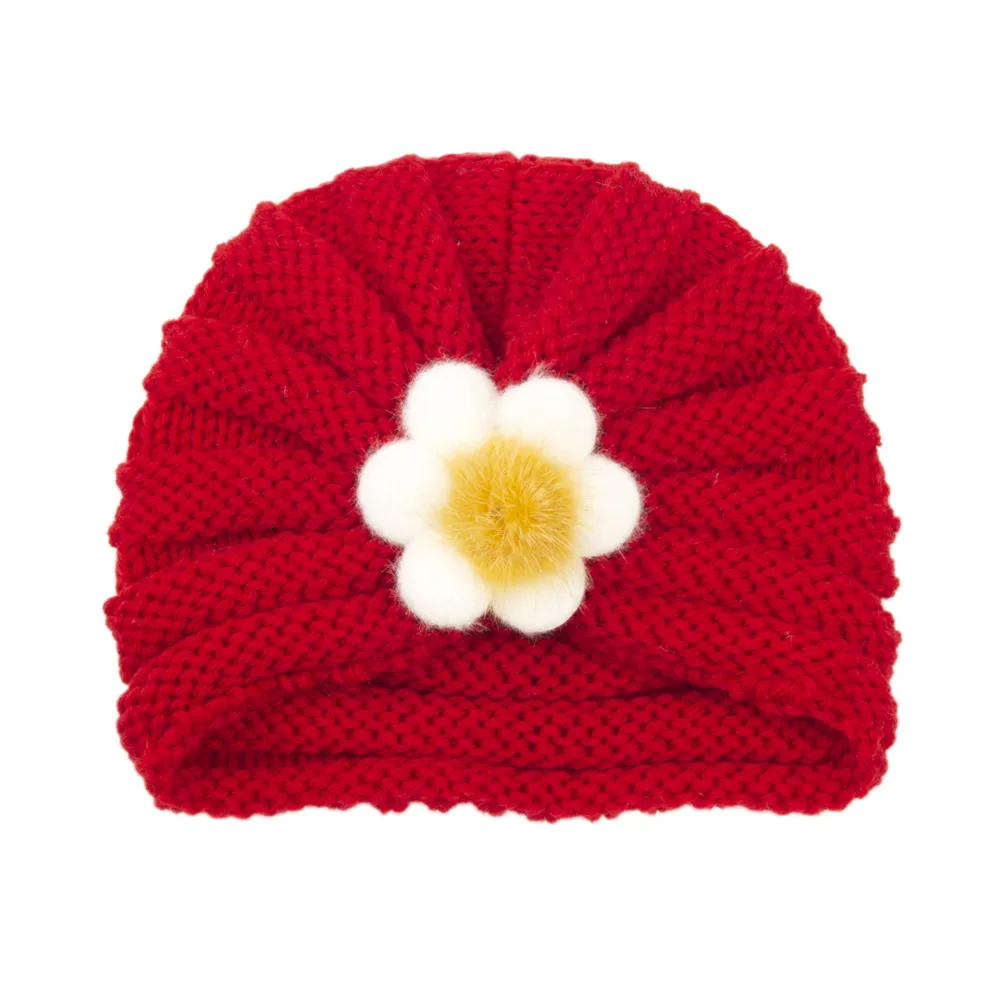 Kids Simple Solid Color Big Flower Warm Woolen Knitted Pullover Hat