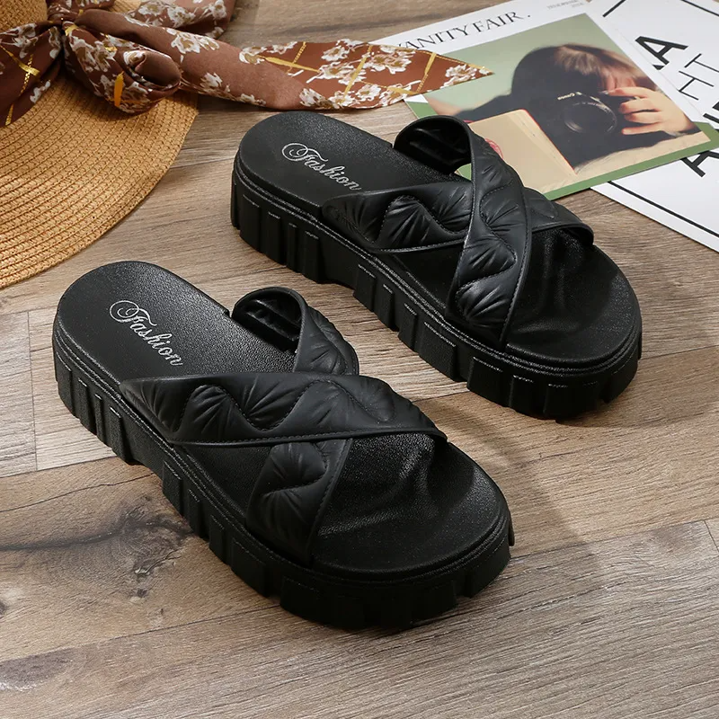 (2 pair) Women Fashion Simple Solid Color Cross Round Toe Thick-Soled Slippers
