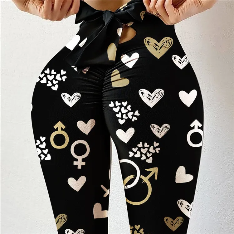 (Buy 1 Get 2) Women Fashion Casual Heart Printed Bow High Waist Hip Yoga Pants