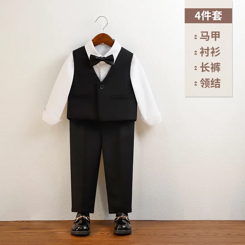 Kids Toddler Big Boys Summer Fashion Casual British Style Solid Color Bow Button Waistcoat Shirt Trousers Party Clothing Set