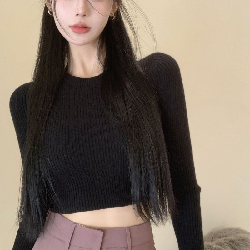 Women Casual Edgy Basic Solid Round Neck Rib-Knit Slim Long Sleeve Crop Top