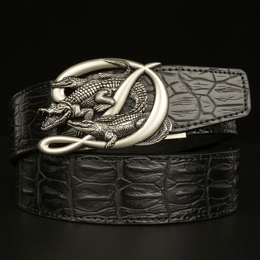 Men Fashion Casual Business Solid Color Leather Metal Buckle Crocodile Belt