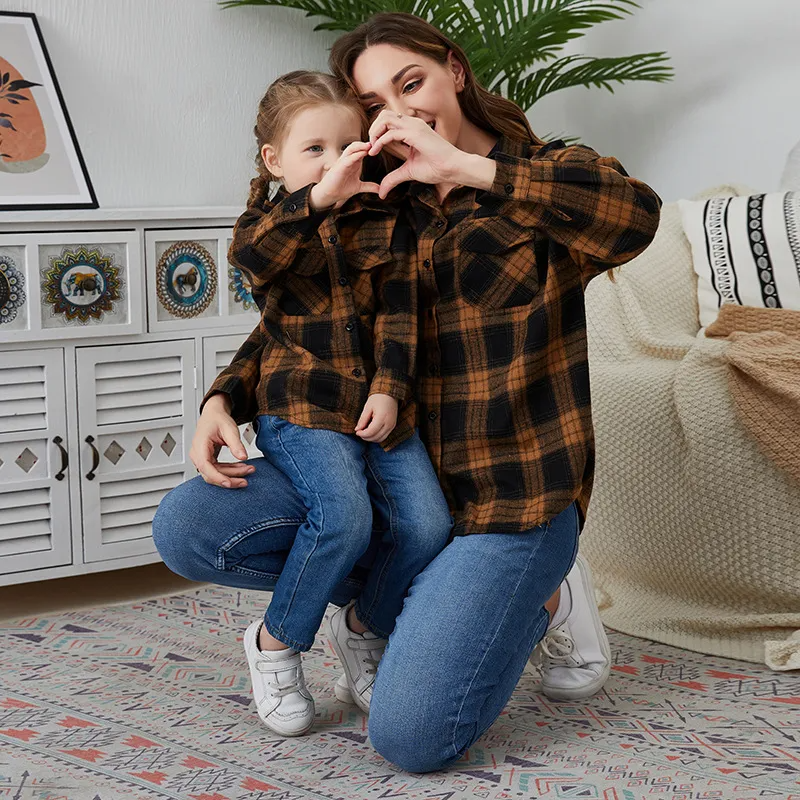 Family Matching Mother And Daughter Plaid Long-Sleeved Lapel Casual Shacket Blouse