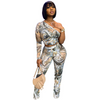 Women Fashion Sexy Tie Dye Printed Creased One-Shoulder Long Sleeve Top And Pants Two-Piece Set Clothing