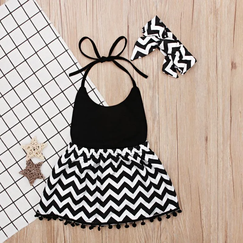 2pcs Baby Girls Stripe Print Sleeveless Bandage Dresses And Headband Set