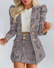 Women Fashion Elegant Plaid Floral Print Suit Top Skirt Two-Piece Set