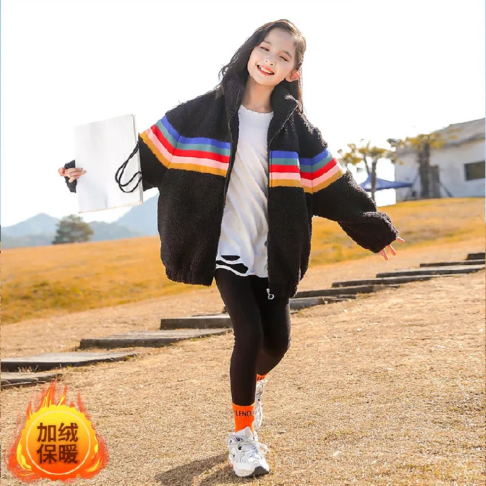 Kids Toddler Big Girls Autumn Winter Casual Cute Rainbow Color Lamb Zipper Stand Collar Long Sleeve Coat