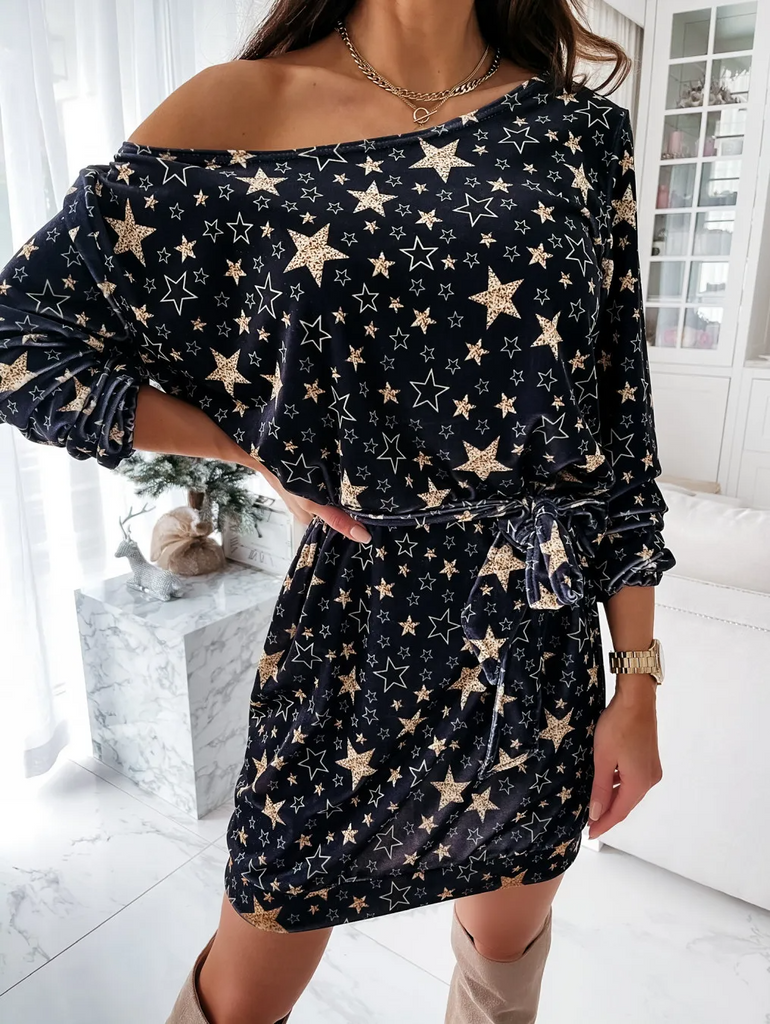 Winter Women Fashion Sexy Christmas Snowflake Elk Star Print Slant Shoulder Long Sleeve Dress