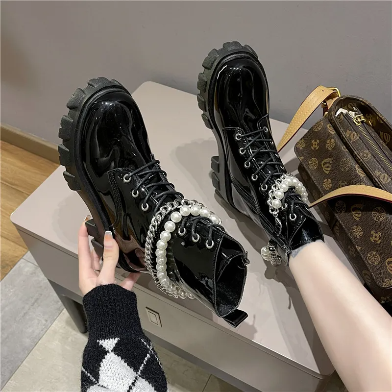 Women Fashion Platform Pearl Chain Mid-Calf Boots