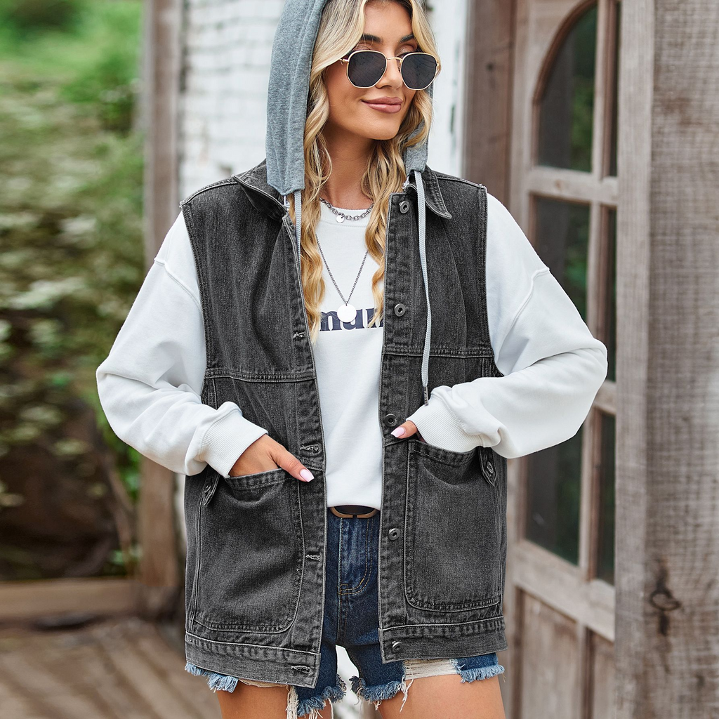 Women Loose Casual Lapel Sleeveless Denim Coat