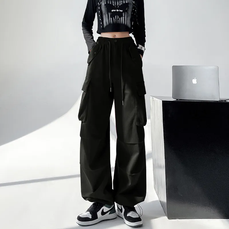 Women Casual High Waist Loose Solid Color Cargo Pants