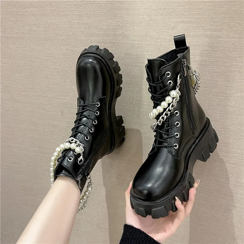 Women Fashion Platform Pearl Chain Mid-Calf Boots